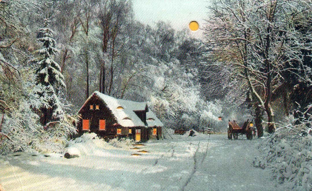 Cabin In The Woods With Wagon Snowy Night HTL Hold to the Light postcard