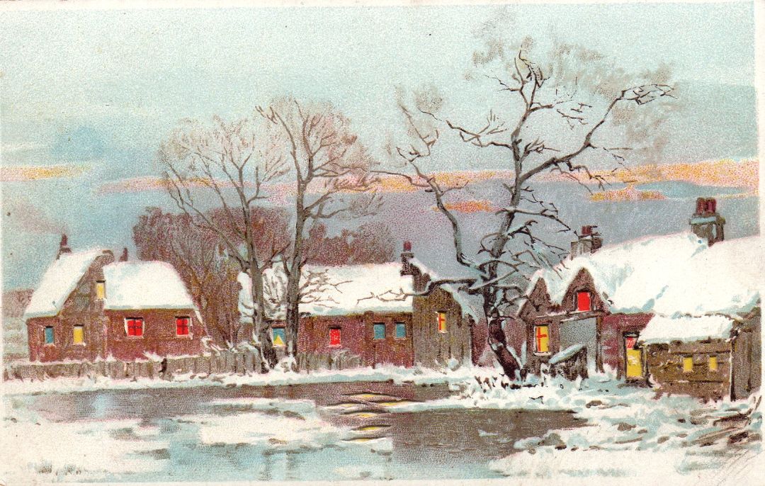 Houses of Waters Edge Covered In Snow HTL Hold to the Light postcard