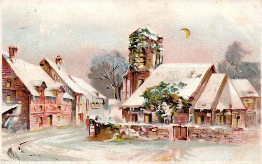 Houses In Town Covered In Snow At Night HTL Hold to the Light postcard