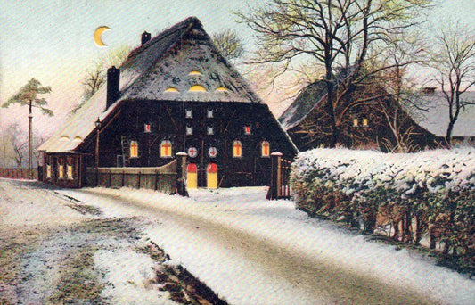 House with snow On It with Bushes At Night HTL Hold to the Light postcard