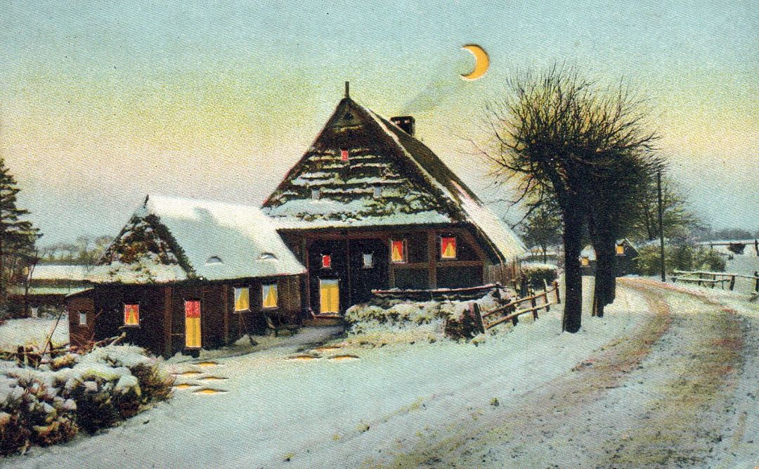 Snowy Cabin At Night With Trees HTL Hold to the Light postcard