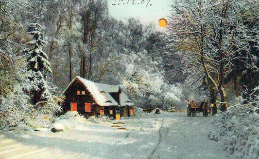 Cabin in woods Covered in snow with wagon HTL Hold to the Light postcard