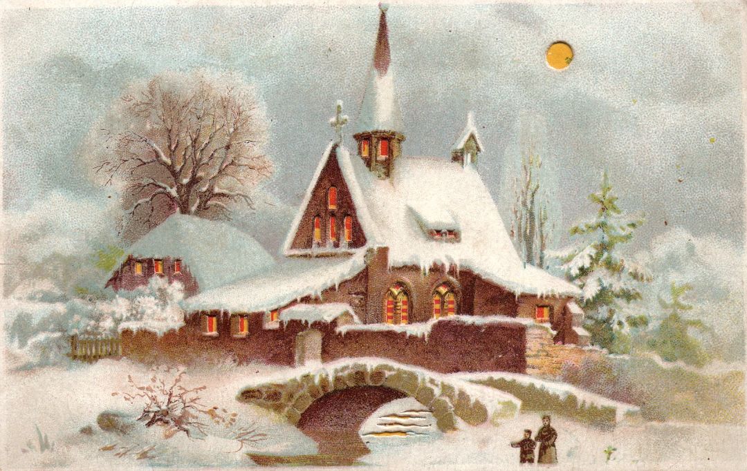 Snow Covered Church With Bridge And people HTL Hold to the Light postcard