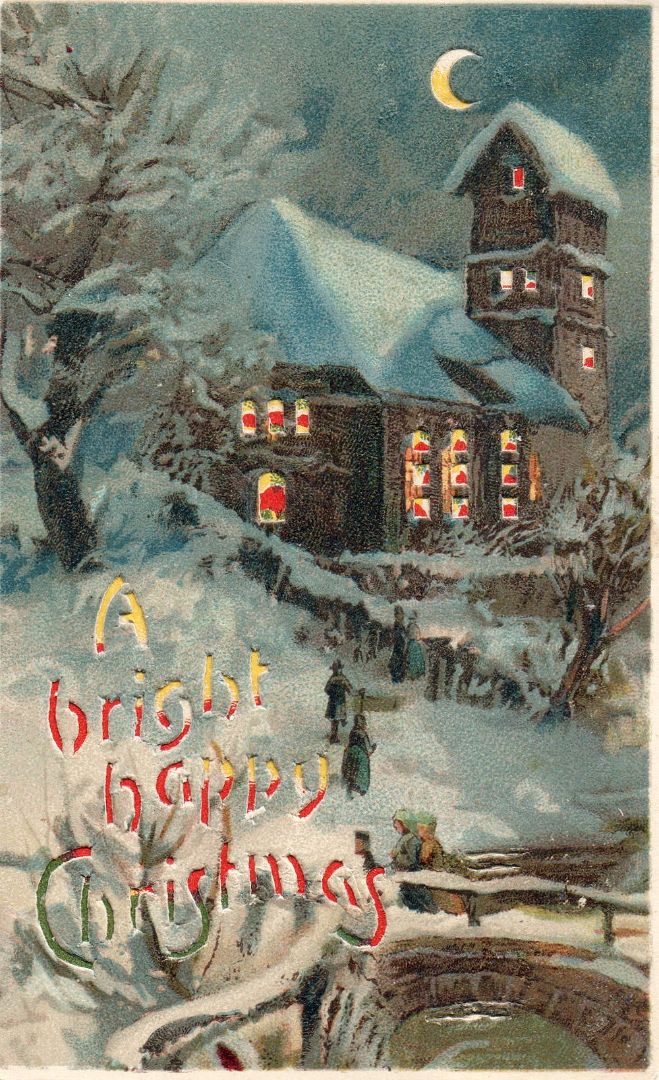 A Bright Happy Christmas HTL Hold to the Light postcard