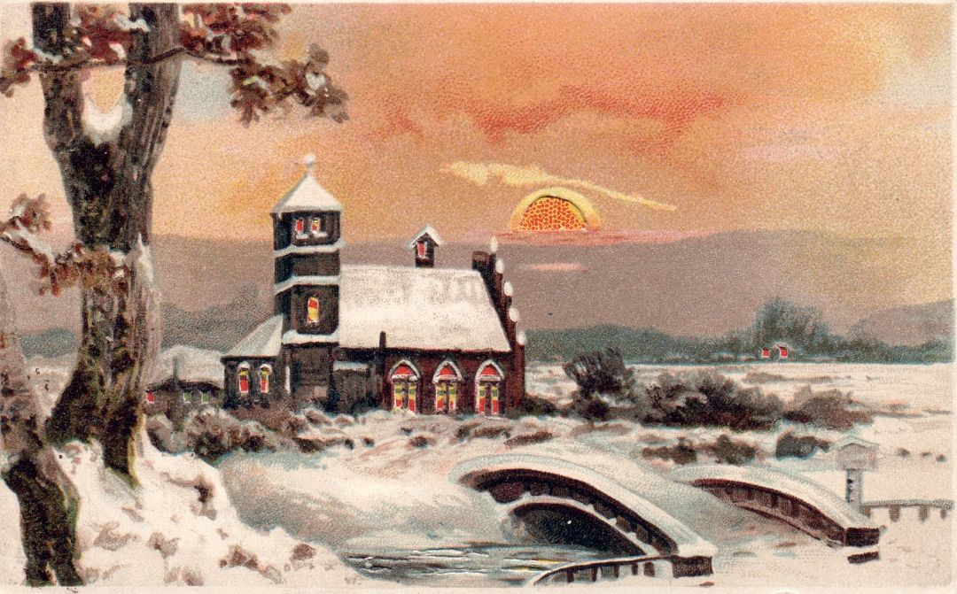 Snow covered Church With Bridge HTL Hold to the Light postcard