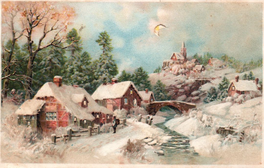 Snowy Town With Bridge HTL Hold to the Light postcard