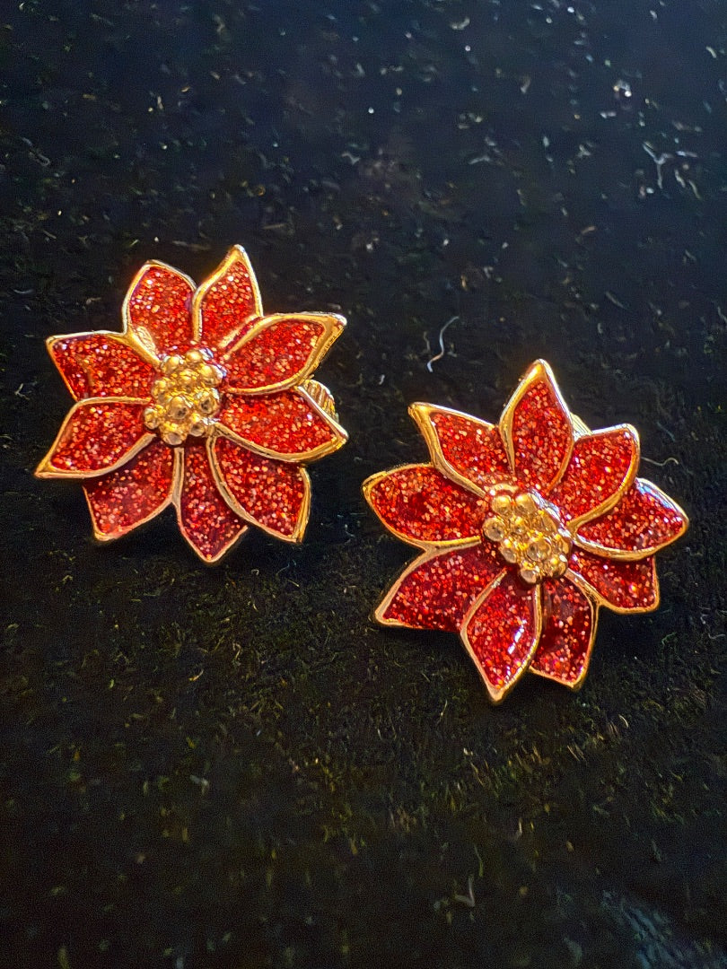 AVON Small Red Poinsettia Clip Earrings