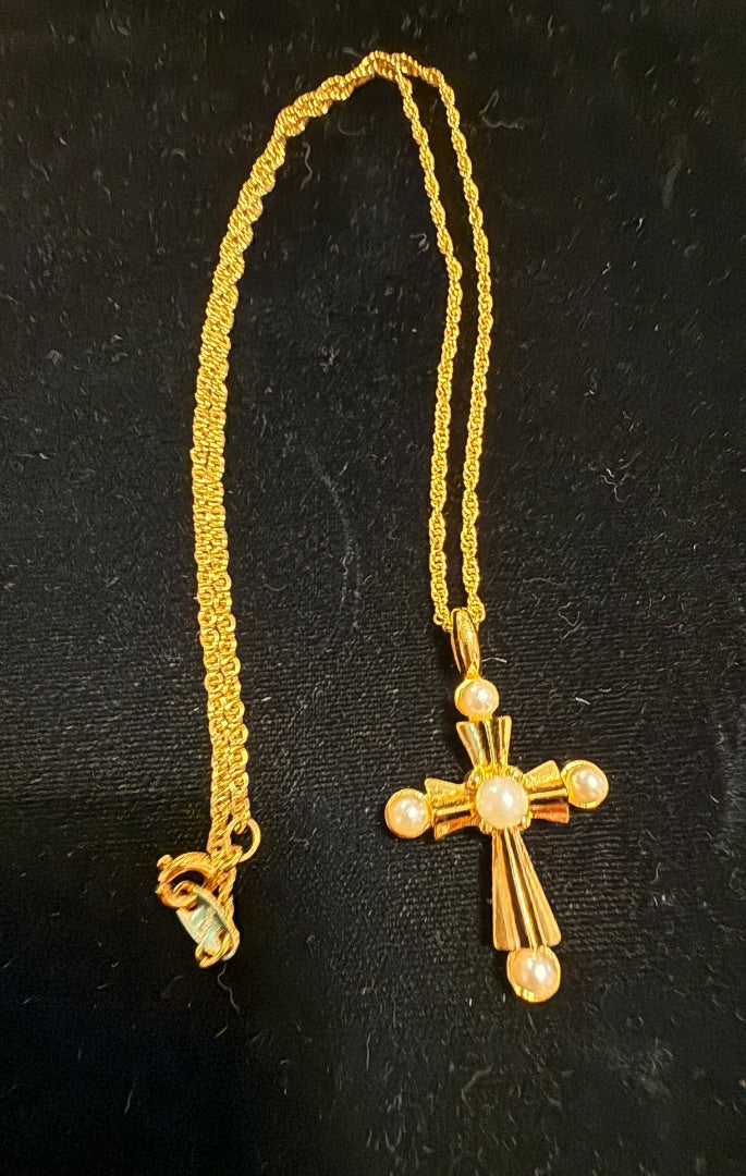 Gold Tone Pearl Cross