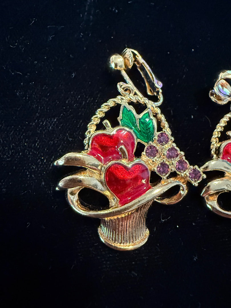 Basket of Apples Enamel Avon Clip Earrings