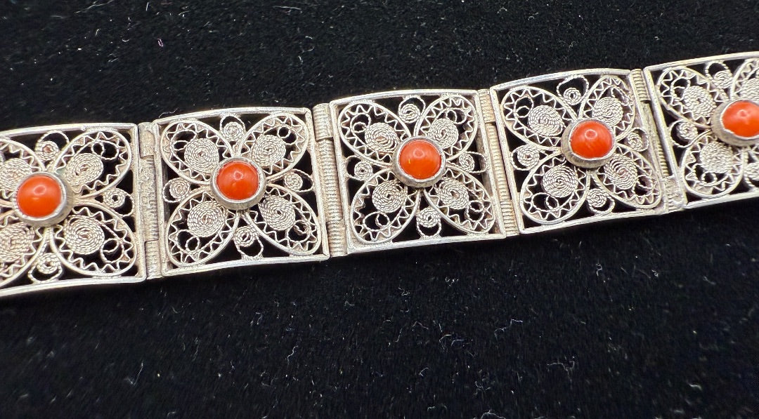 Sterling Filagree Coral Bracelet