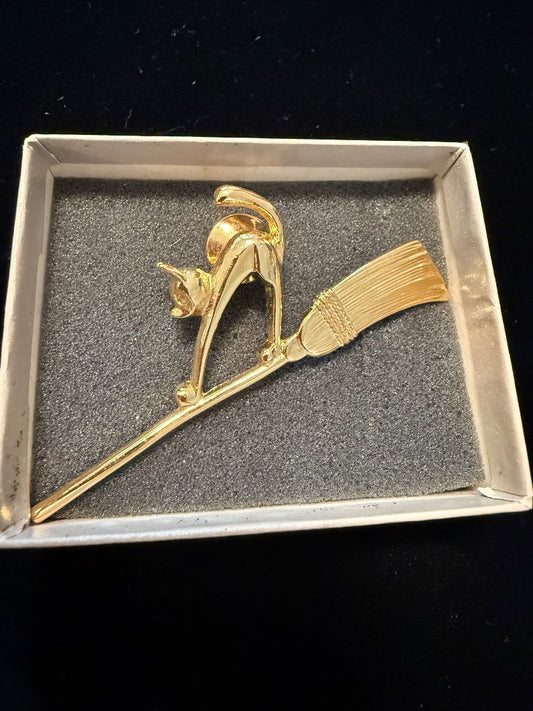 vintage Cat on a Broom Halloween brooch
