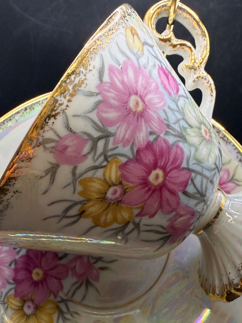 October Lusterware pink Flower teacup saucer