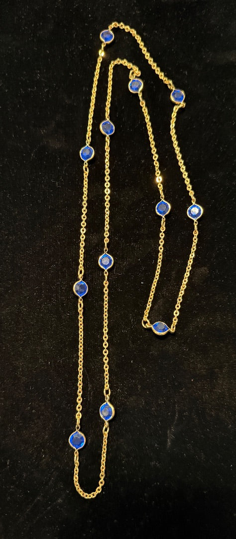 36" Gold Toned Blue Faux Gems Necklace