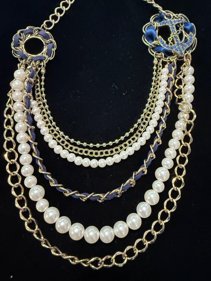 Multi Strand Pearl Blue Nautical Necklace
