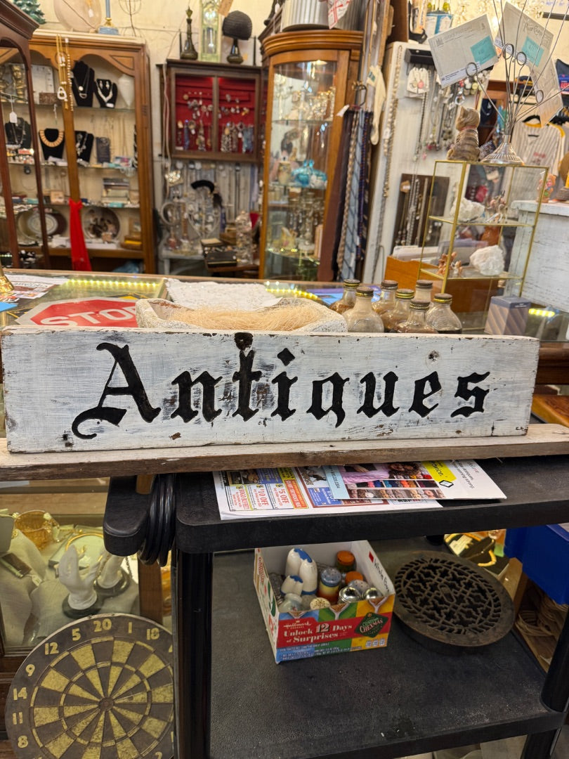 Vintage hand carved antiques sign