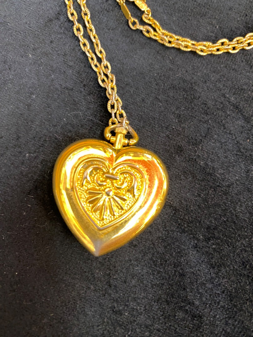 Avon Heart Watch Necklace Gold Tone