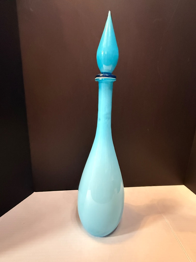 Vintage MCM Empoli Blue Cased Glass Decanter Genie Bottle 21”  Stopper