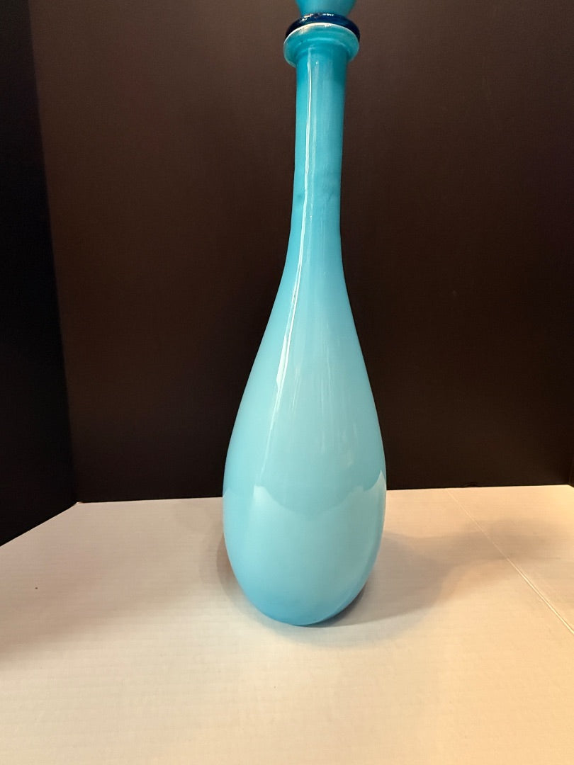 Vintage MCM Empoli Blue Cased Glass Decanter Genie Bottle 21”  Stopper