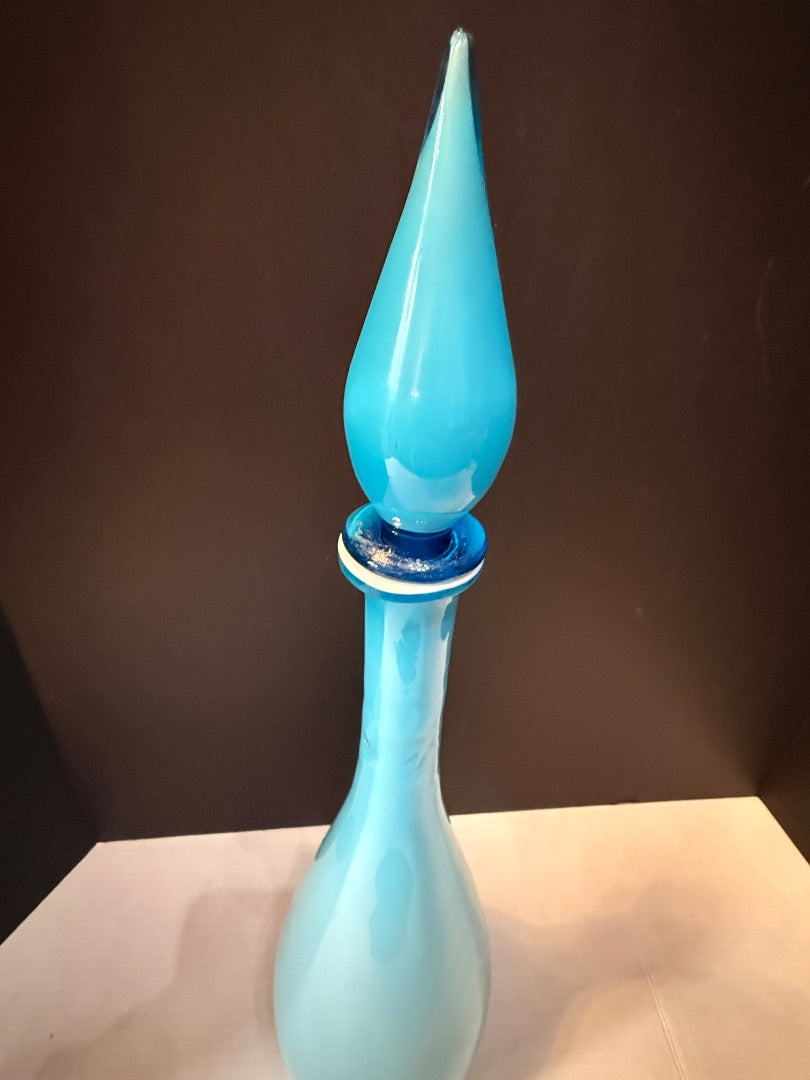 Vintage MCM Empoli Blue Cased Glass Decanter Genie Bottle 21”  Stopper