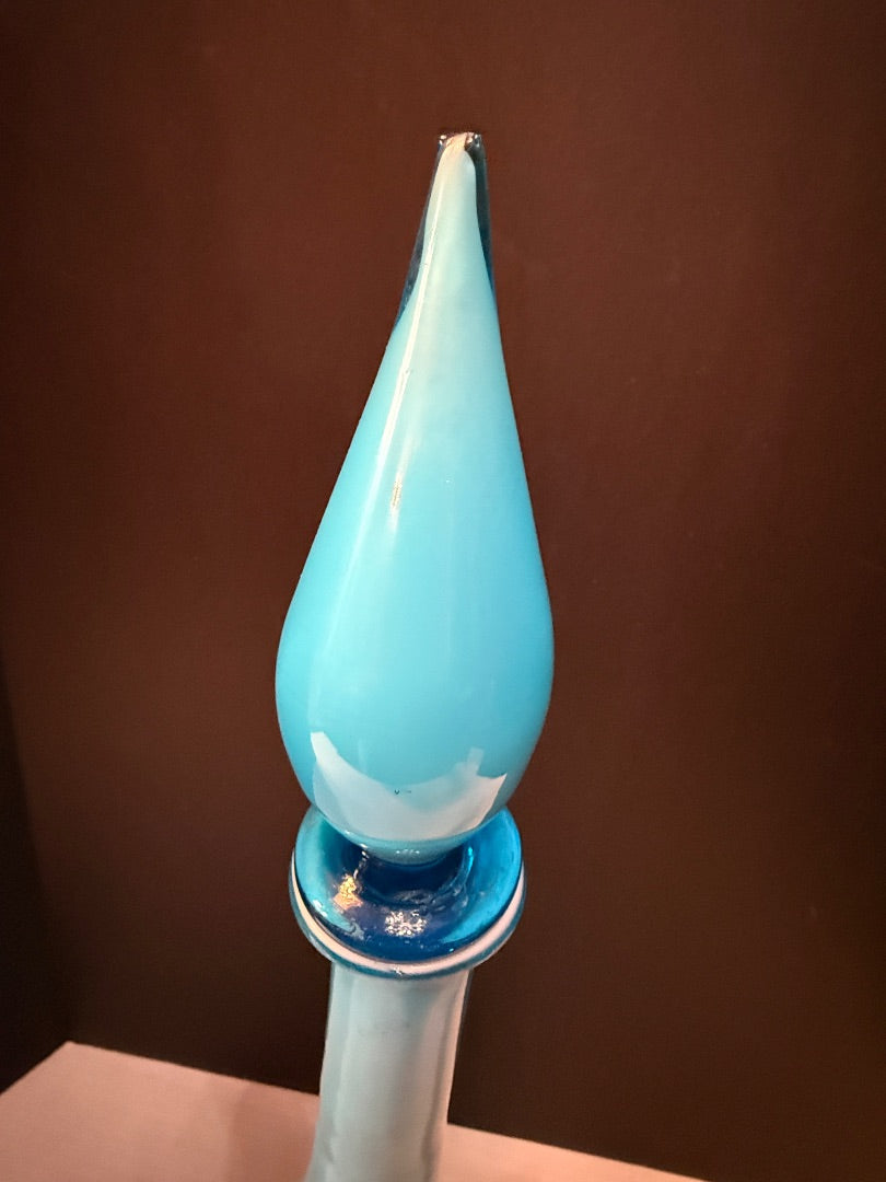 Vintage MCM Empoli Blue Cased Glass Decanter Genie Bottle 21”  Stopper