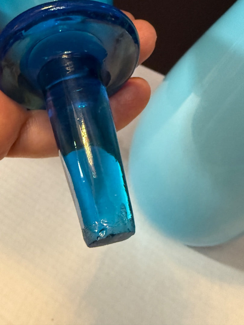 Vintage MCM Empoli Blue Cased Glass Decanter Genie Bottle 21”  Stopper