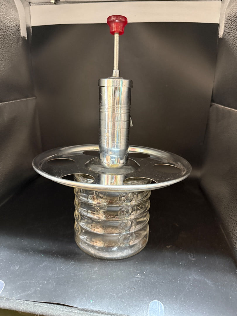 Vtg MCM Chrome & Ribbed Glass Liquor Soda Dispenser Pump Decanter