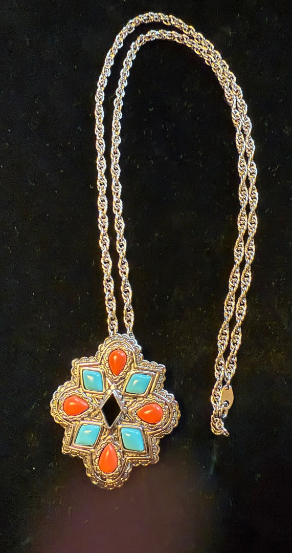 Southwest Turquoise Coral Pin Necklace ombo