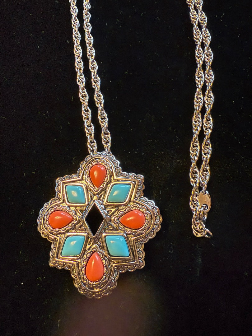 Southwest Turquoise Coral Pin Necklace ombo