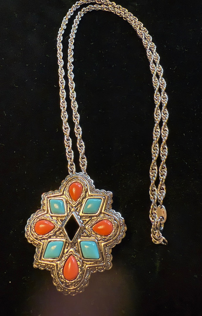 Southwest Turquoise Coral Pin Necklace ombo