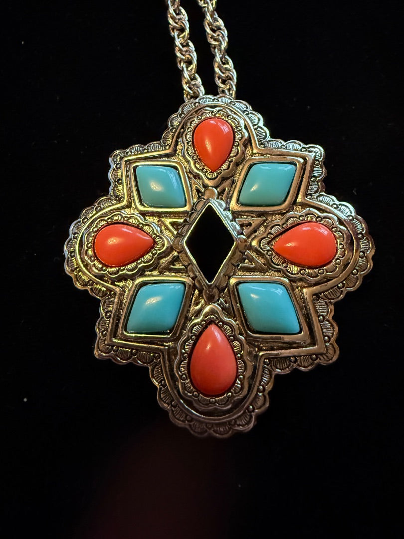 Southwest Turquoise Coral Pin Necklace ombo