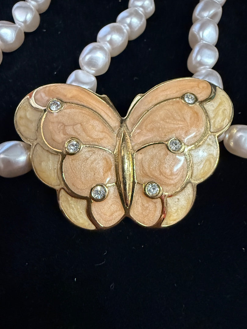 KJL Vtg Avon Butterfly Pastel Pink Pearl Necklace
