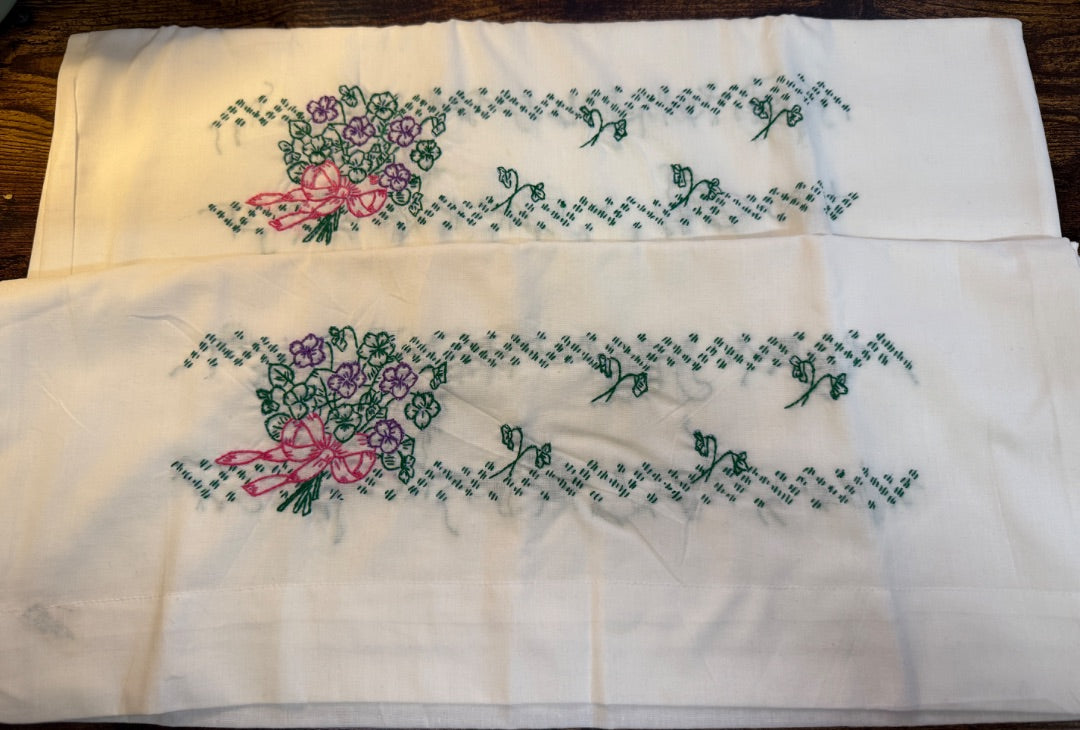 Vtg Embroidered Pillow Cases Green Pink ribbon
