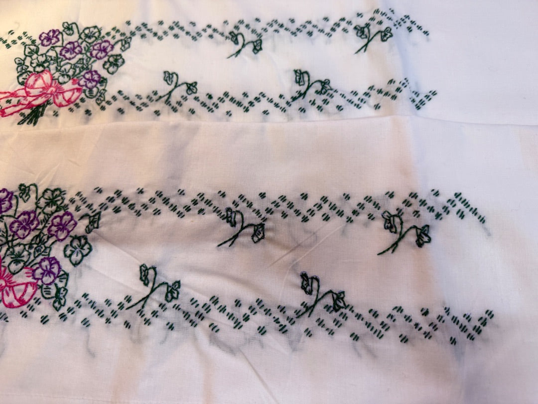 Vtg Embroidered Pillow Cases Green Pink ribbon