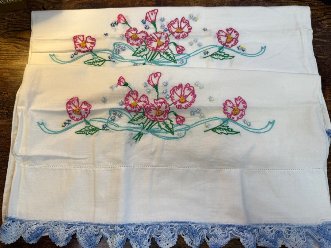 Vtg Embroidered Pillow Cases  Yellow Flowers Pink Flowers Blue Trim