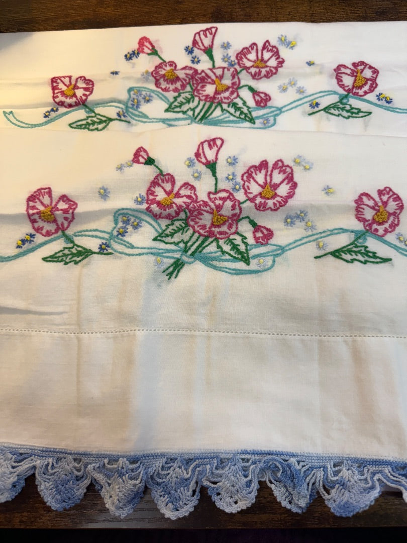Vtg Embroidered Pillow Cases  Yellow Flowers Pink Flowers Blue Trim