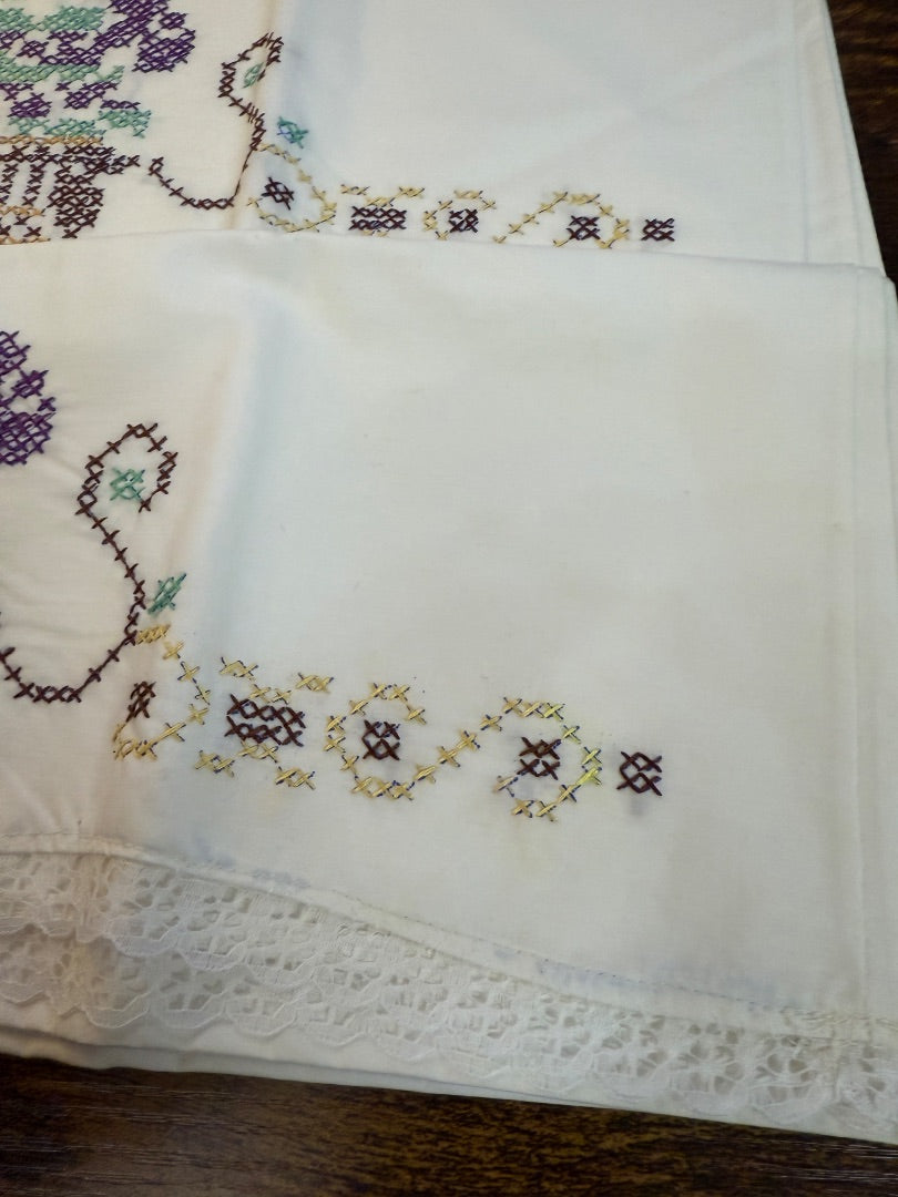 Vtg Embroidered Pillow Cases Purple Flower Basket