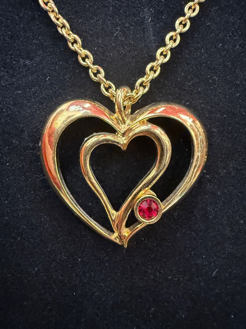 Vtg Avon Gold Hearts Necklace Red Gem