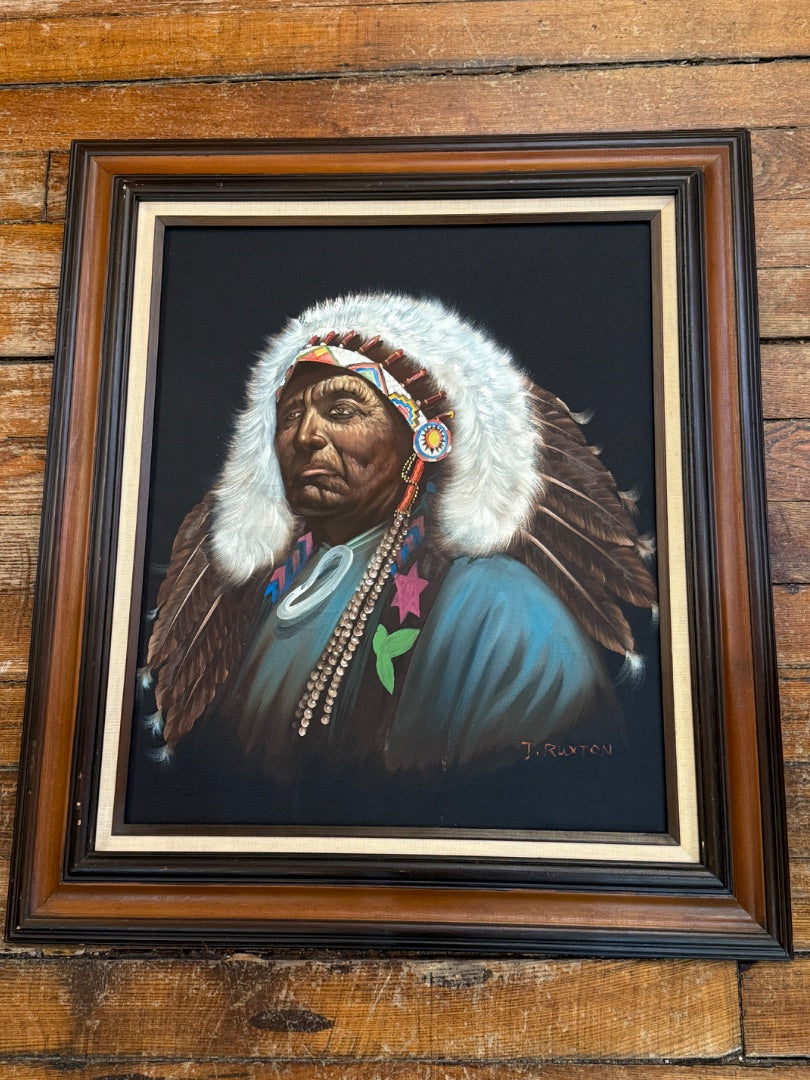 Vintage Oil on Canvas Indian Chief framed Signed J Ruxton 28 x 32