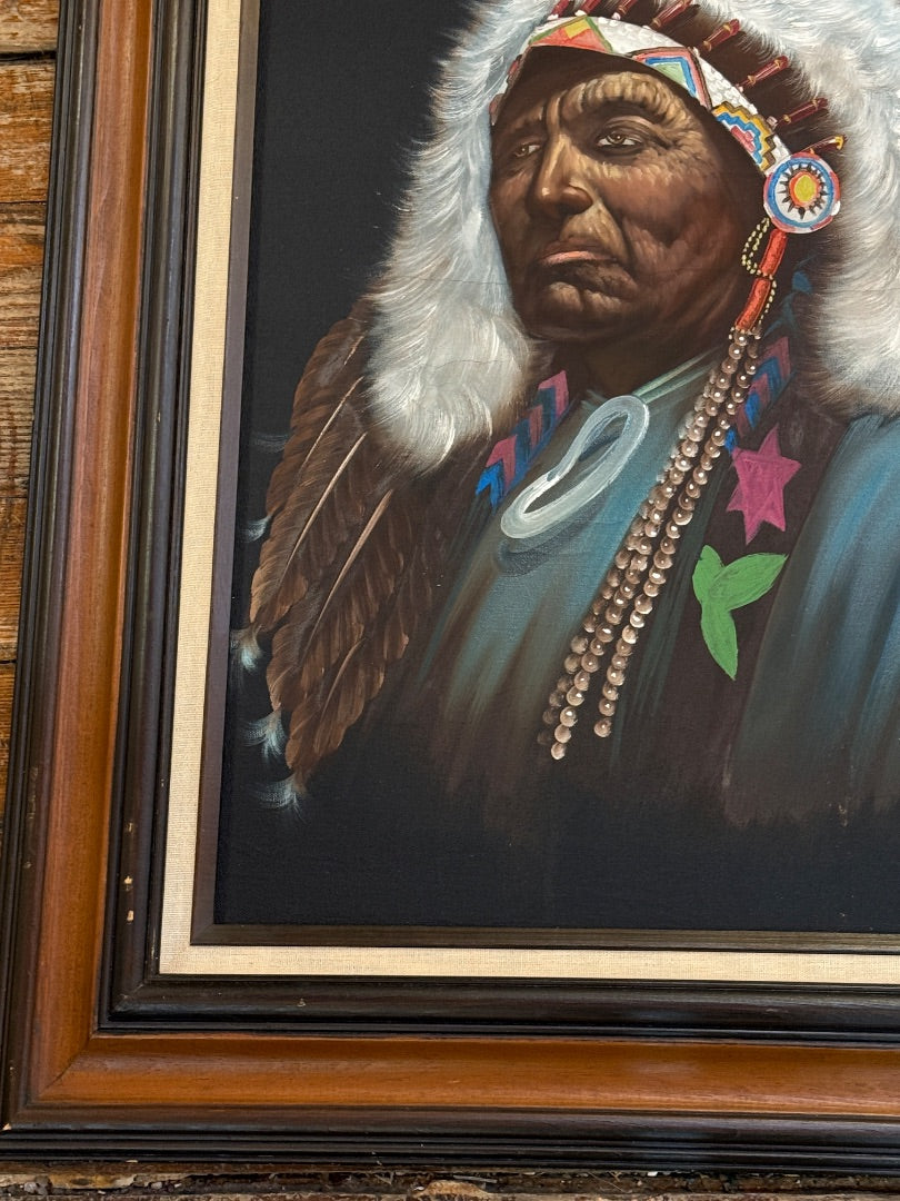 Vintage Oil on Canvas Indian Chief framed Signed J Ruxton 28 x 32