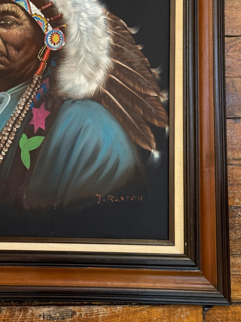 Vintage Oil on Canvas Indian Chief framed Signed J Ruxton 28 x 32