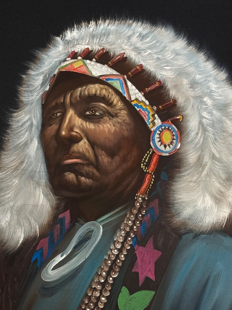 Vintage Oil on Canvas Indian Chief framed Signed J Ruxton 28 x 32