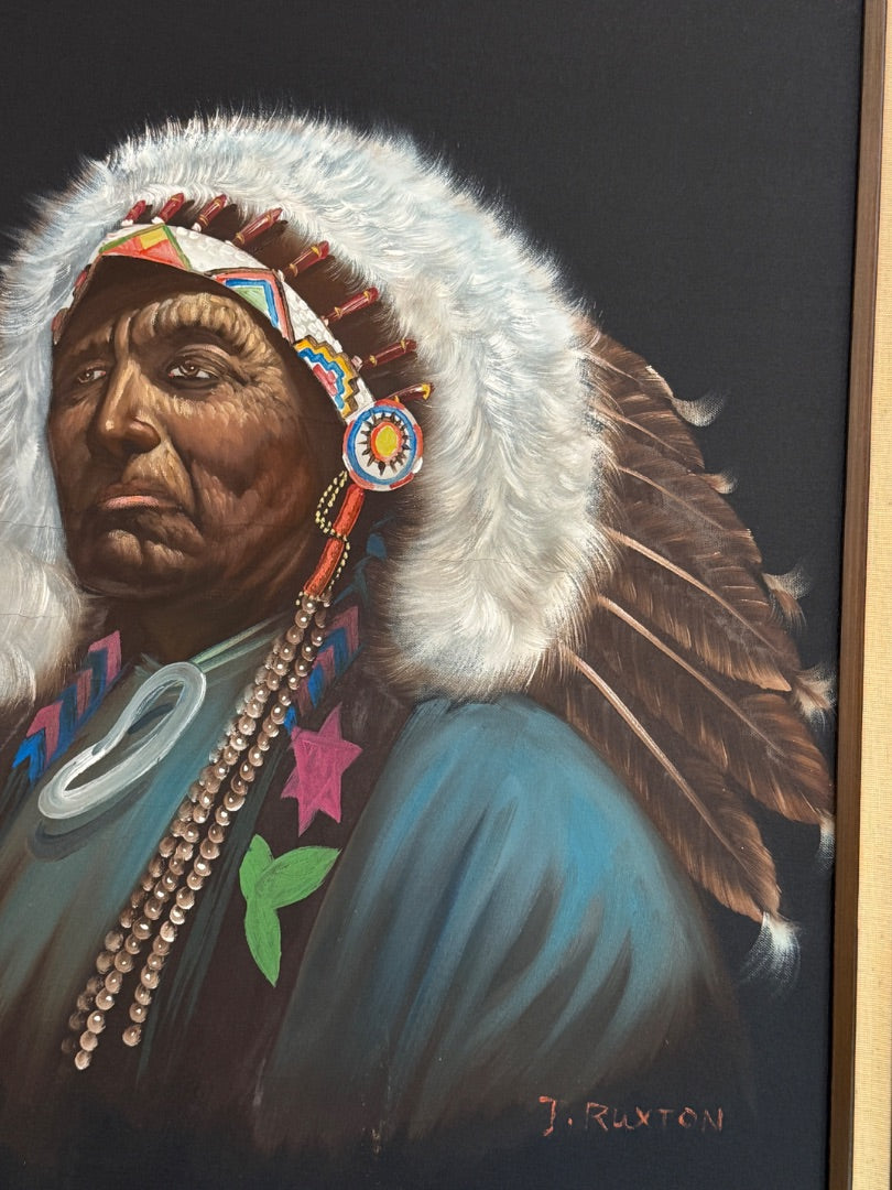 Vintage Oil on Canvas Indian Chief framed Signed J Ruxton 28 x 32