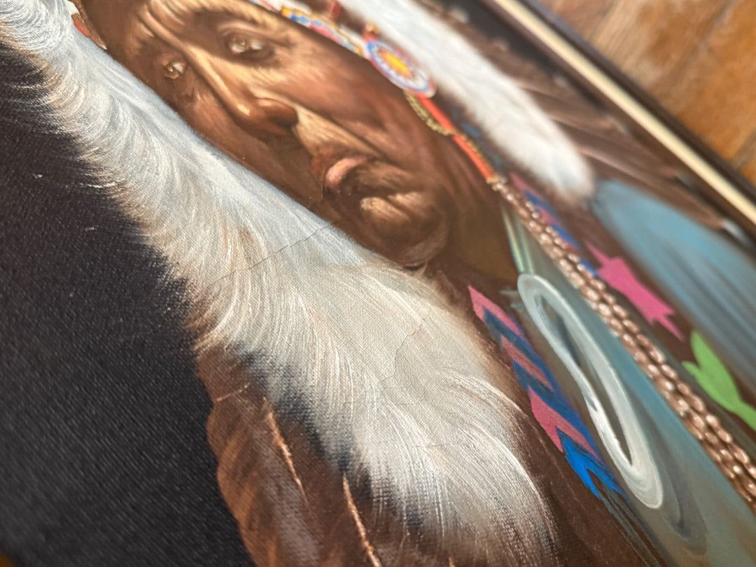 Vintage Oil on Canvas Indian Chief framed Signed J Ruxton 28 x 32