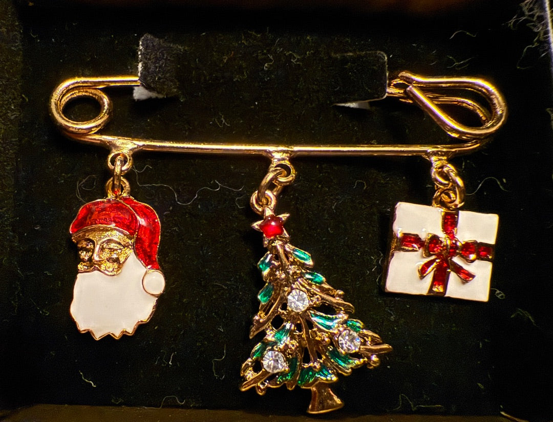 Vintage Avon Christmas Pin Santa Tree Package