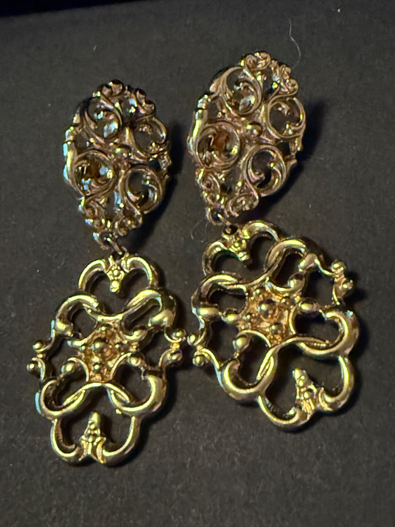 Ornate Dangle Clip Earrings