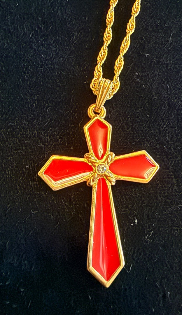 Vintage Avon Red Enamel Cross Necklace