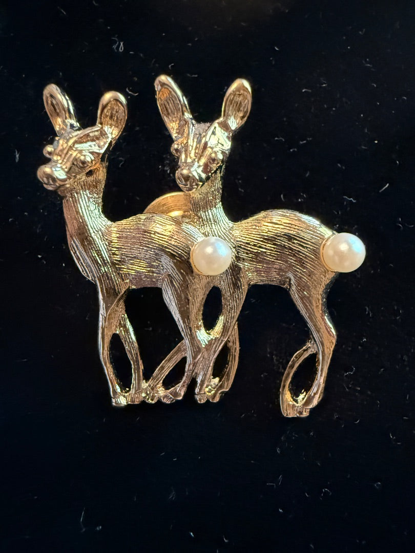 Gold Twin Deer Pin Brooch with Pearl