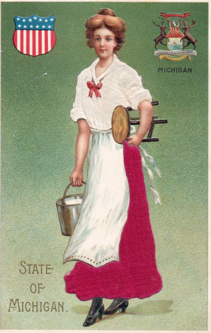 Women representing the State of Michigan holding a milk pail and stool silk pink dress