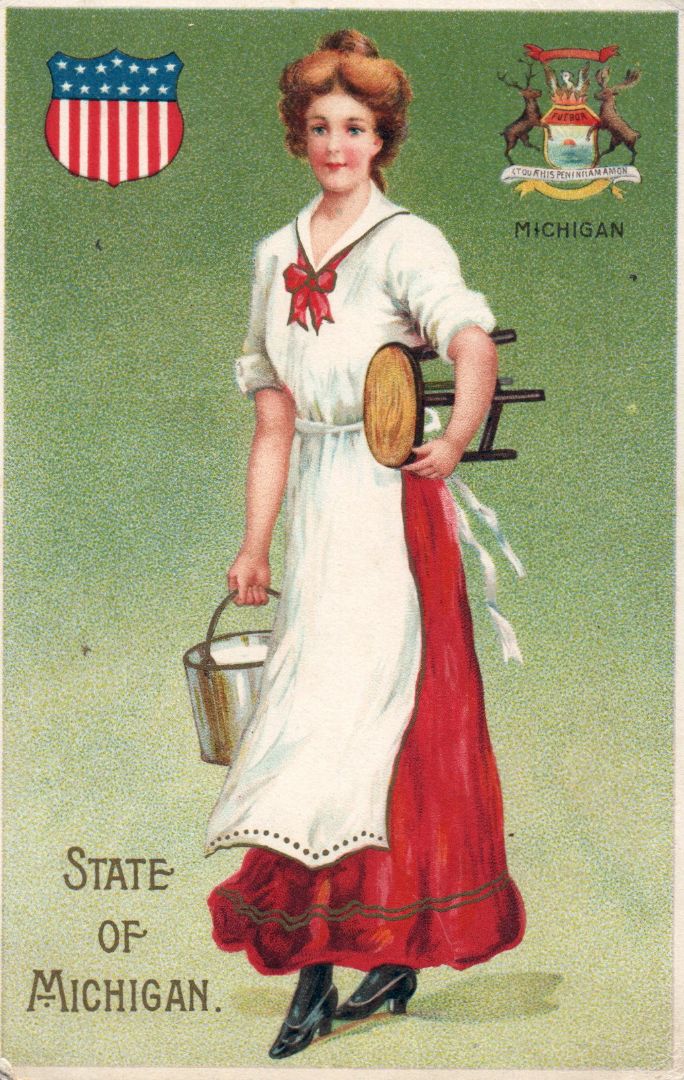 Women representing the State of Michigan with a milk pail and a stool in a red dress