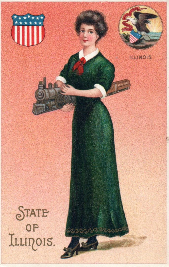 Women representing the State of Illinois holding a train figurine in a green dress